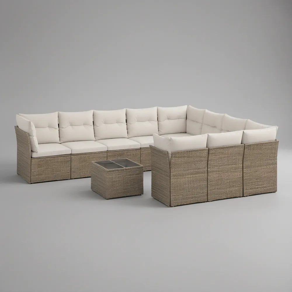 Sofá modular de jardim em U com mesa, 280 x 210 x 63 cm, vime sintético bege-acinzentado e almofadas creme