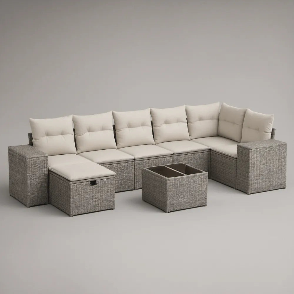Conjunto Modular de Jardim em L para 7 Lugares com Mesa de Centro, Cinzento e Bege, 310 x 230 x 65 cm