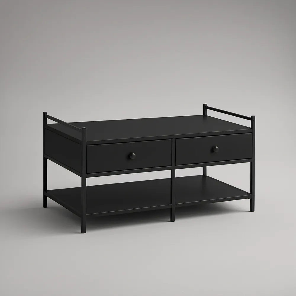 Mesa de Centro Retangular Preta com 2 Gavetas e Prateleiras, 100 x 50 x 50 cm