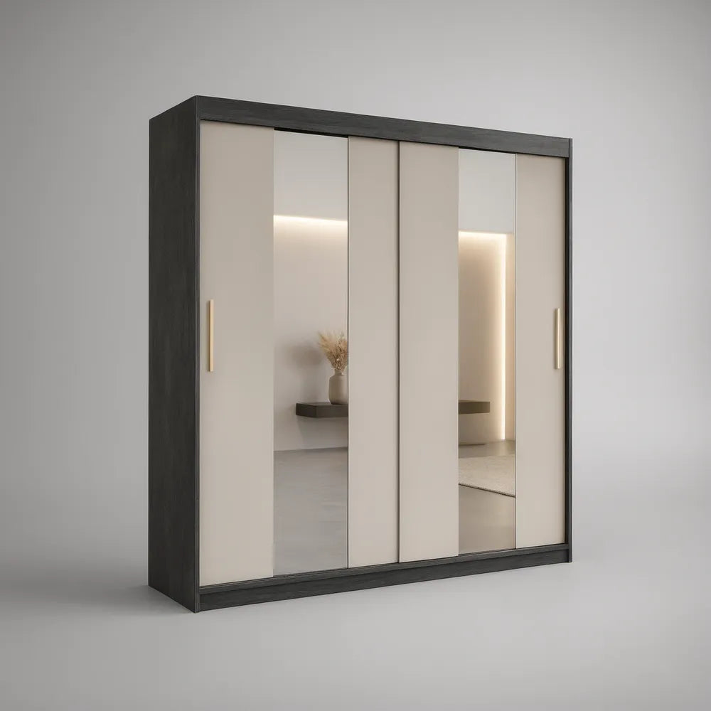 Roupeiro de 4 Portas de Correr com Espelhos, Preto e Bege, 200 x 60 x 220 cm