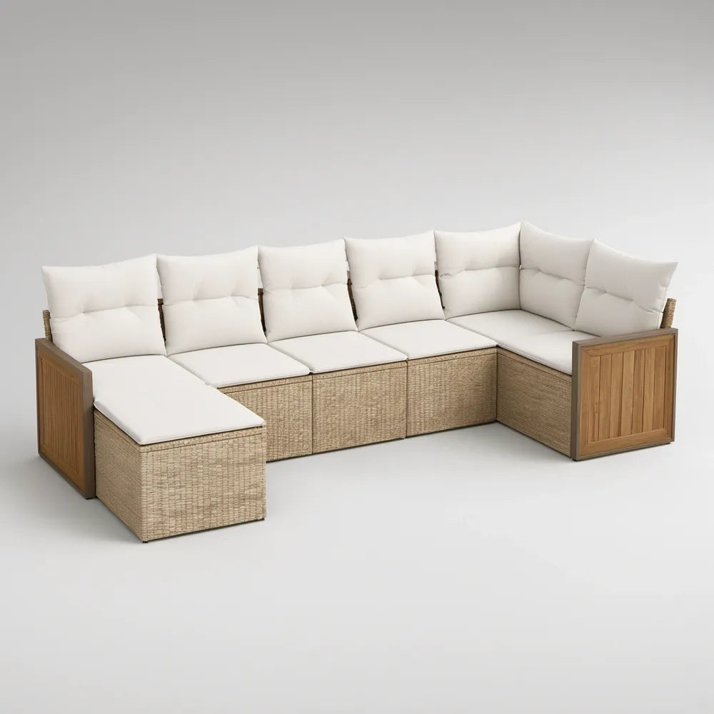 Sofá Modular de Jardim em L para 5 Lugares em Rattan PE Bege com Almofadas Creme, 330 x 180 x 85 cm