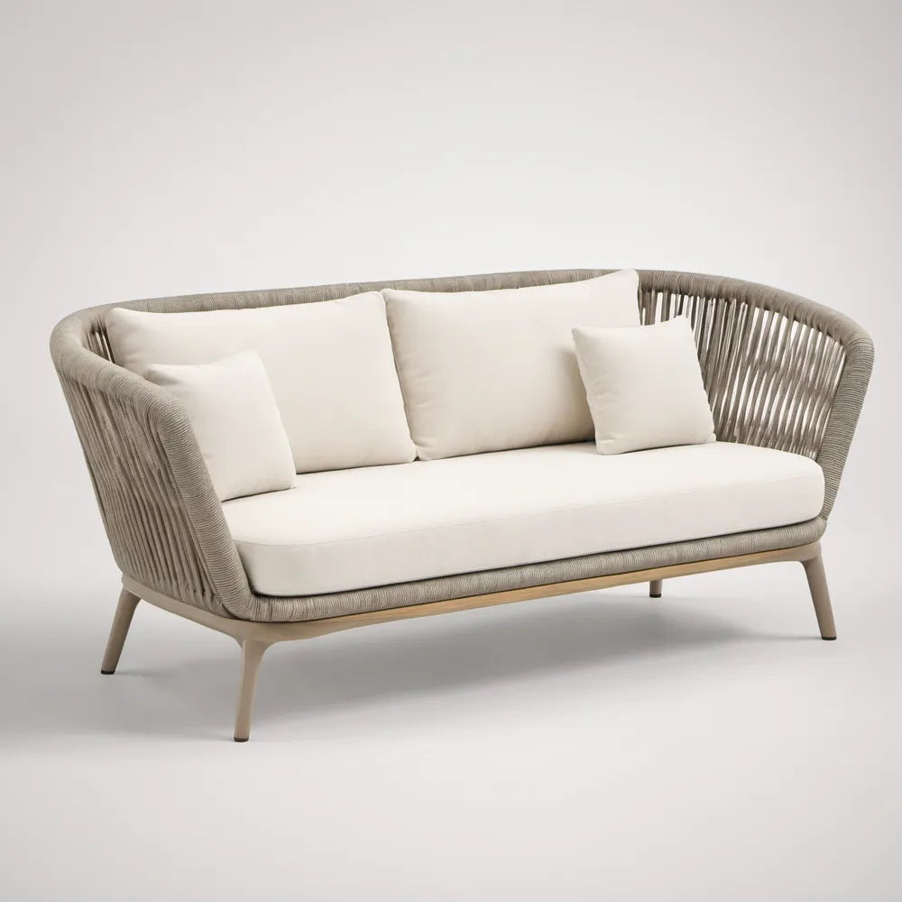 Sofá de jardim de 2 lugares em corda sintética bege acinzentado e branco cru, 160 x 80 x 78 cm