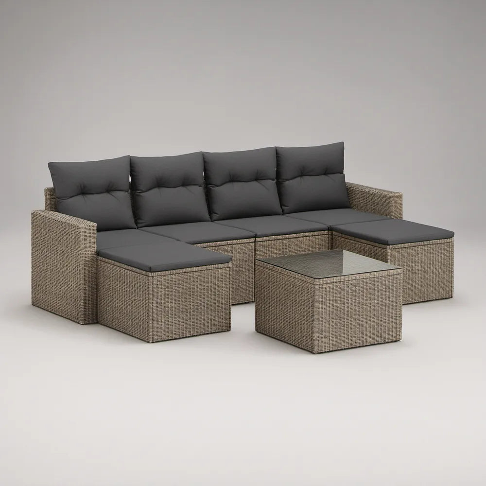 Conjunto modular de exterior em L com 5 peças, vime PE bege e almofadas cinzento-antracite, 210 x 210 x 63 cm
