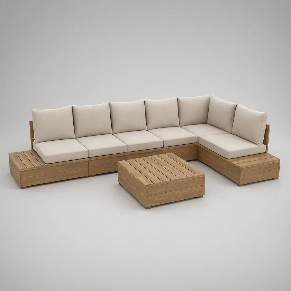 Sofá de Jardim Modular em L 330 x 220 x 75 cm com Mesa de Centro, Madeira de Acácia Castanho Natural e Almofadas Bege