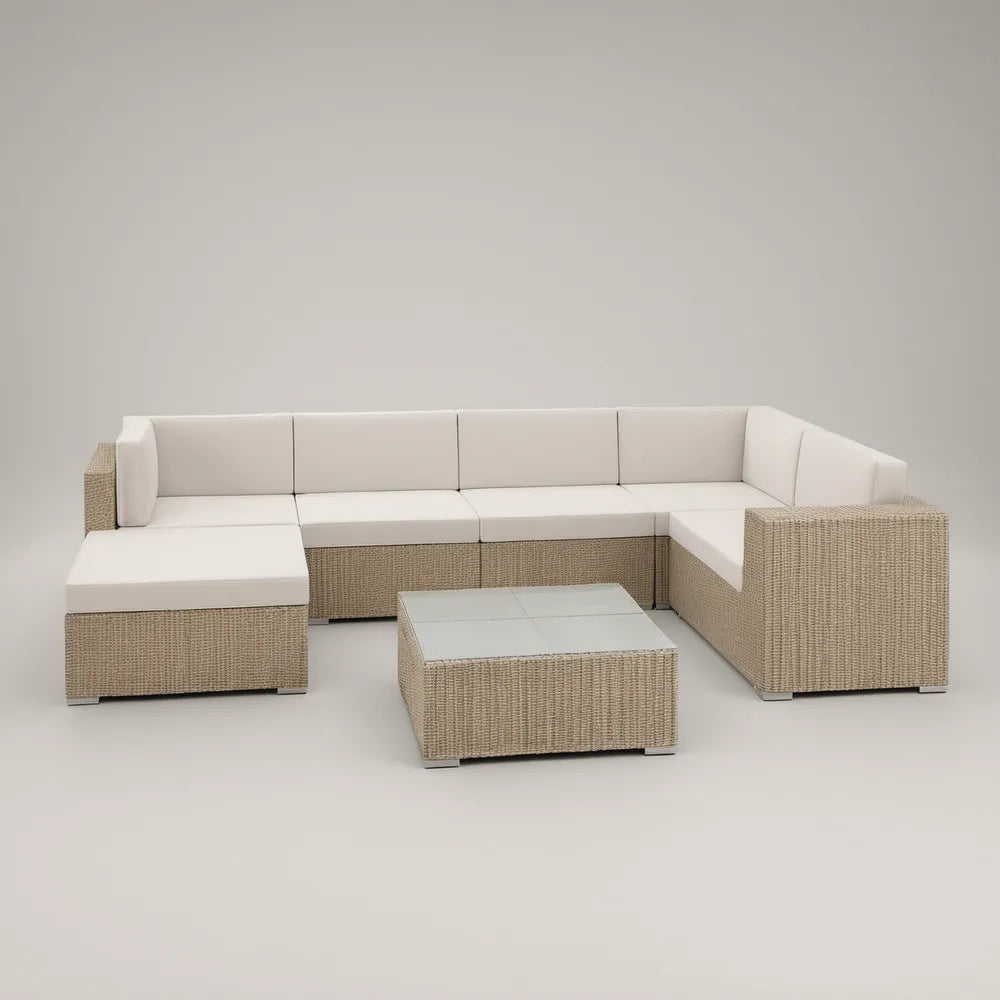 Conjunto Modular de Exterior em L 280 x 210 x 65 cm em Vime PE Bege com Almofadas Brancas e Mesa de Centro