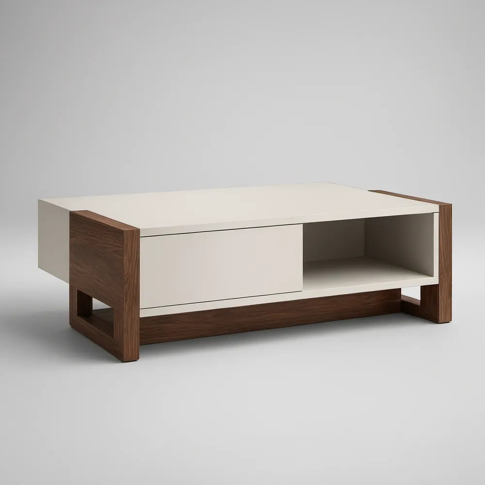 Mesa de centro retangular 120 x 60 x 42 cm em MDF Branco Mate e Nogueira Castanha com Gaveta e Nicho