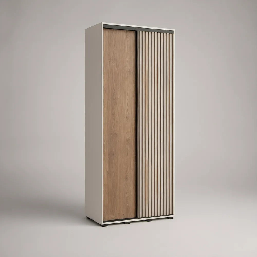 Guarda-roupa com 2 portas de correr 120 x 60 x 200 cm em carvalho claro e bege