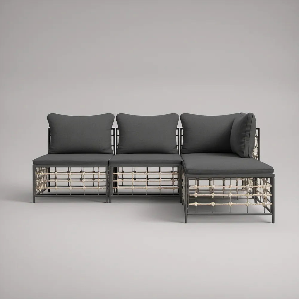Sofá modular de canto para jardim de 3 lugares em aço e corda, Cinzento-escuro/Preto/Bege, 210 x 70 x 68 cm