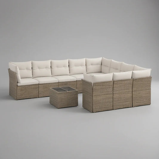 Sofá modular de jardim em U com mesa, 280 x 210 x 63 cm, vime sintético bege-acinzentado e almofadas creme