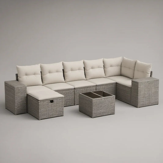 Conjunto Modular de Jardim em L para 7 Lugares com Mesa de Centro, Cinzento e Bege, 310 x 230 x 65 cm
