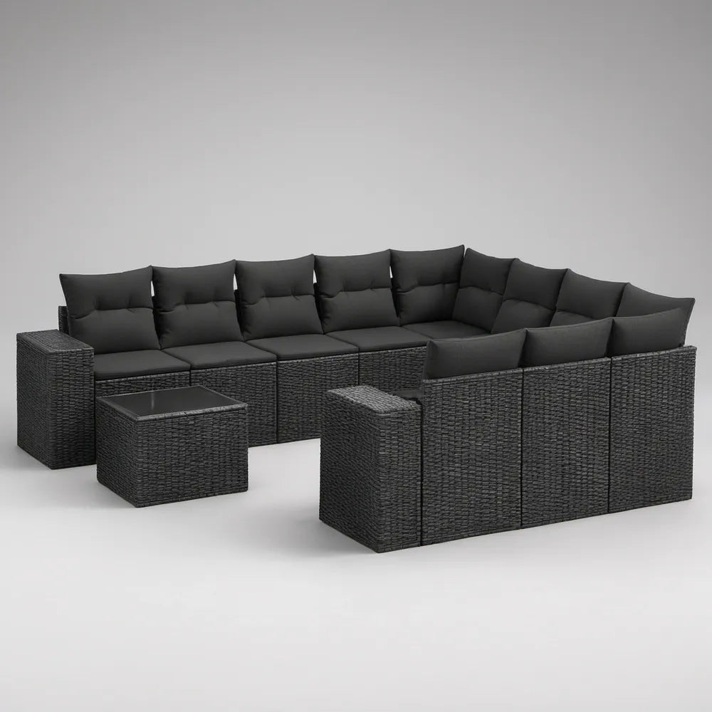 Conjunto Modular de Jardim em L para 7 Lugares com Mesa, 280 x 210 x 65 cm, Preto