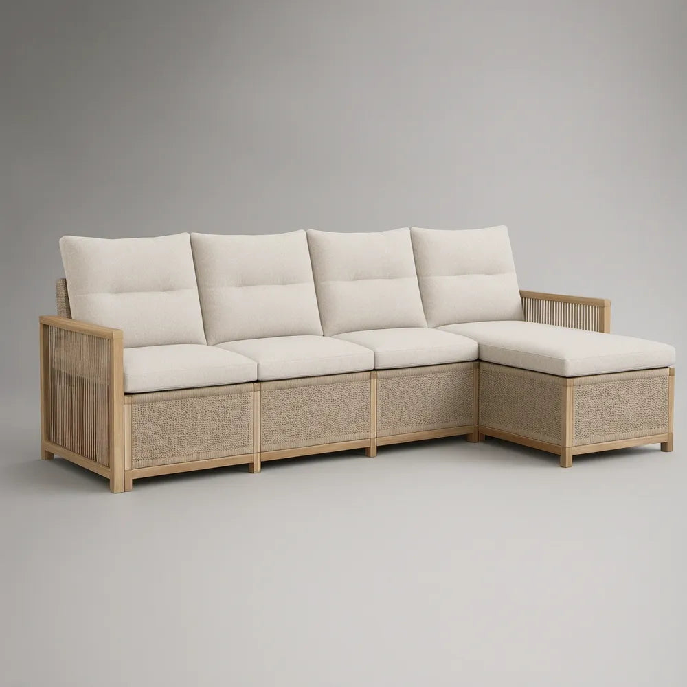 Sofá de Canto para Jardim com Chaise Longue em Madeira de Acácia e Vime PE Bege/Natural, 280 x 210 x 78 cm