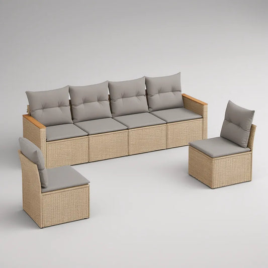Conjunto de Exterior em Vime PE Bege com Almofadas Cinzentas, Sofá de 4 Lugares e 2 Cadeirões, 280 x 70 x 78 cm