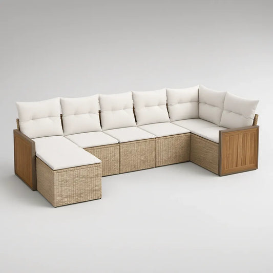 Sofá Modular de Jardim em L para 5 Lugares em Rattan PE Bege com Almofadas Creme, 330 x 180 x 85 cm