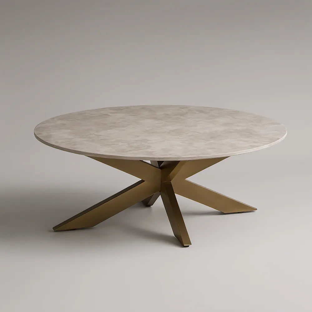 Mesa de centro redonda com tampo em pedra sinterizada bege e base em aço bronze, 100 x 38 cm