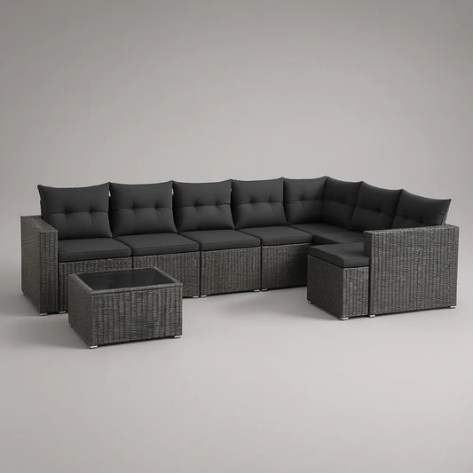 Conjunto modular de exterior em L com mesa e pufe, rattan PE cinzento escuro, 300 x 220 x 73 cm