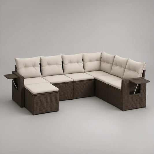Conjunto Modular de Jardim em L em Polietileno Entrançado Castanho-Escuro com Almofadas Creme, 280 x 210 x 65 cm