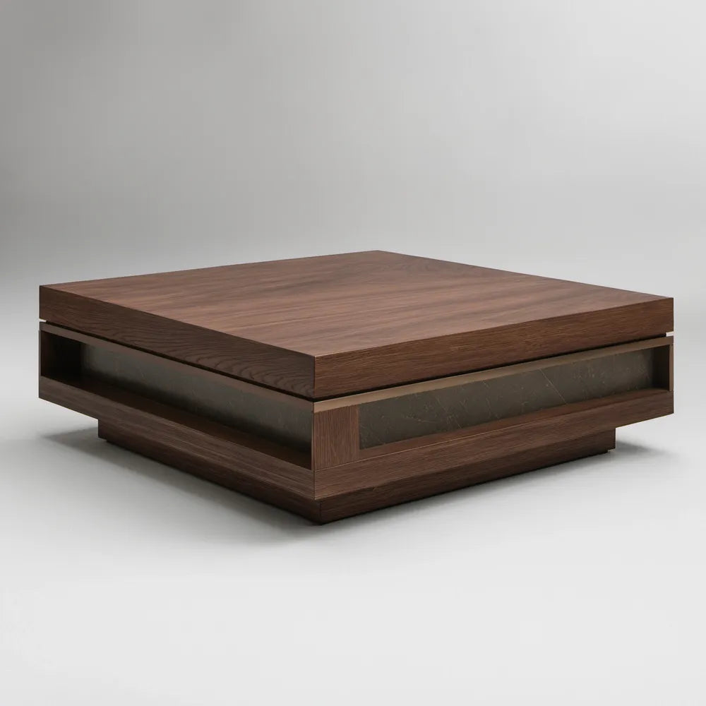 Mesa de centro quadrada 100 x 100 x 35 cm em MDF castanho escuro com vidro temperado preto