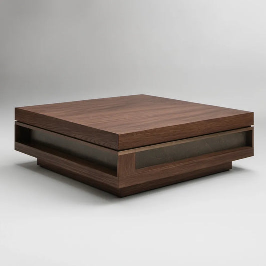 Mesa de centro quadrada 100 x 100 x 35 cm em MDF castanho escuro com vidro temperado preto