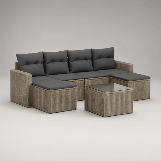 Conjunto modular de exterior em L com 5 peças, vime PE bege e almofadas cinzento-antracite, 210 x 210 x 63 cm