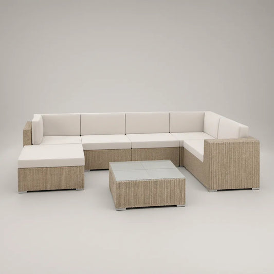 Conjunto Modular de Exterior em L 280 x 210 x 65 cm em Vime PE Bege com Almofadas Brancas e Mesa de Centro