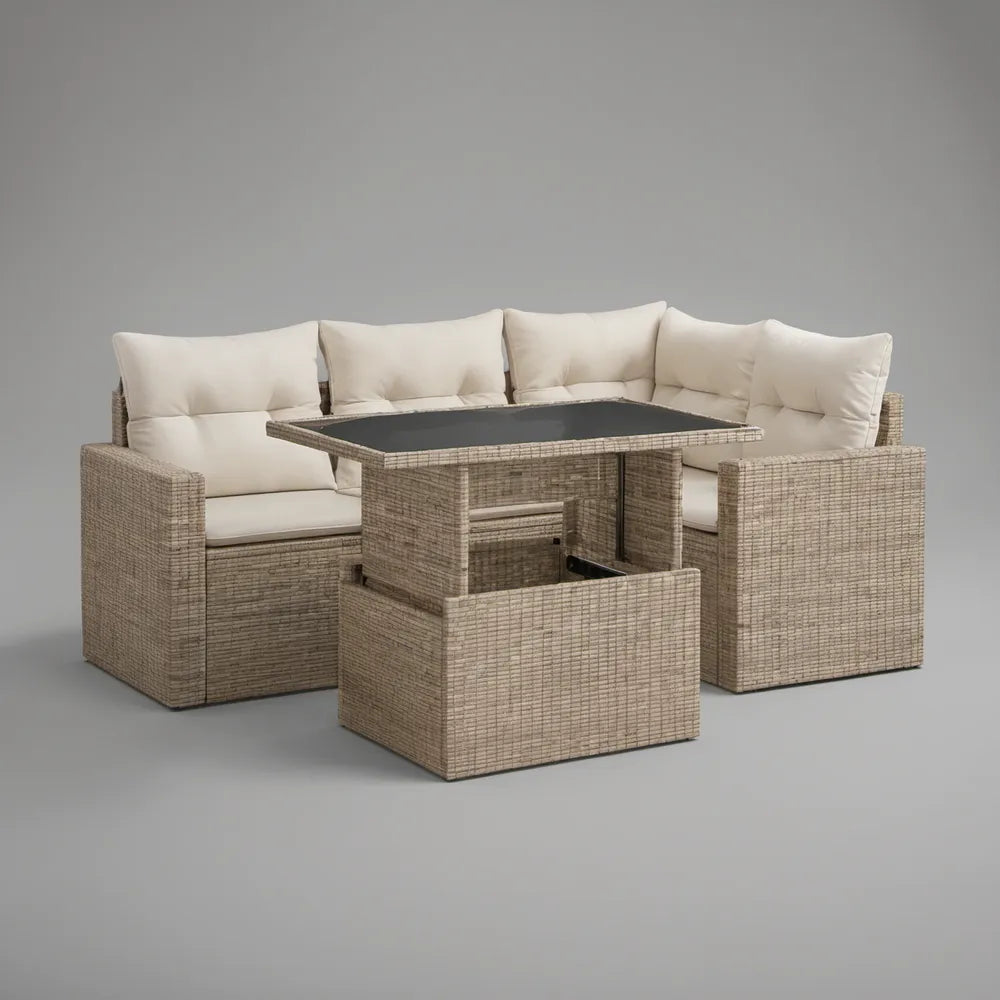 Conjunto de Exterior de 4 Peças em Vime PE Bege com Mesa Elevatória 110 x 60 x 45/65 cm