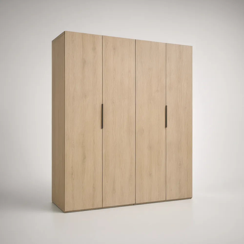Roupeiro de 4 Portas em Carvalho Claro com Puxadores Pretos, 200 x 200 x 60 cm