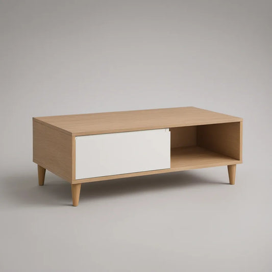 Mesa de centro retangular com porta de correr, carvalho claro e branco, 100 x 50 x 45 cm