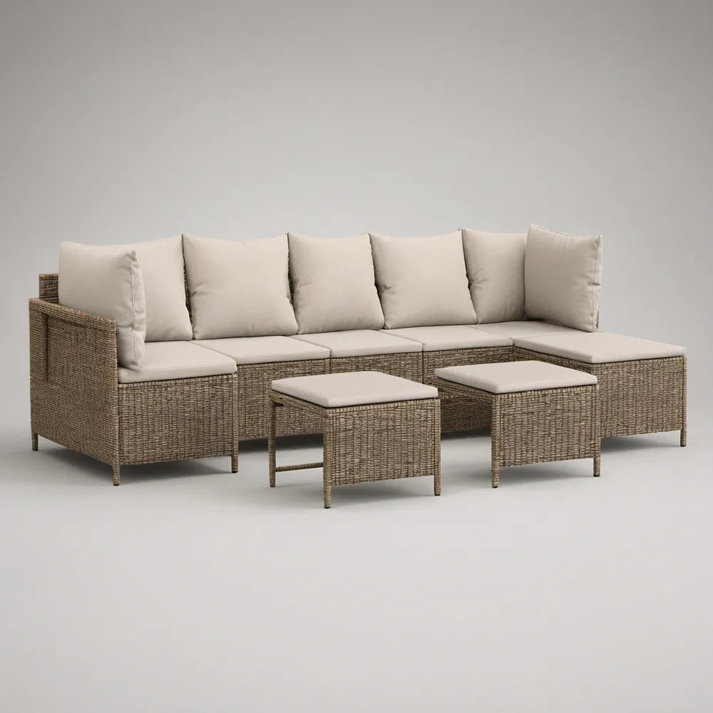 Sofá de Jardim Modular em L em Rattan Sintético Castanho e Bege com Almofadas e 2 Pufes, 280 x 210 x 80 cm