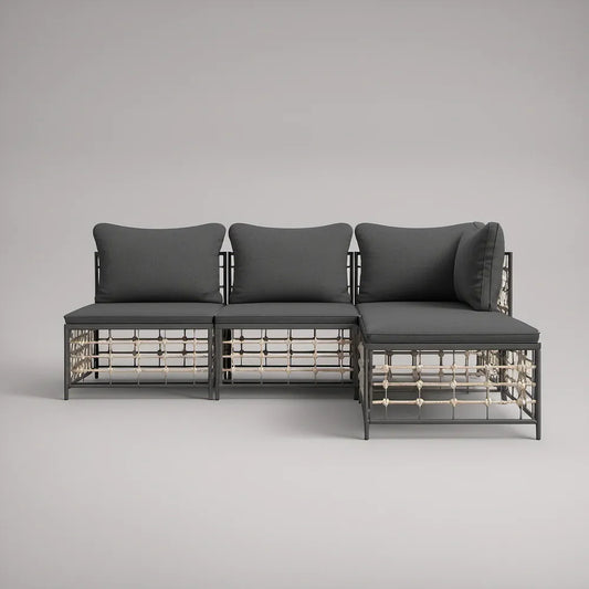 Sofá modular de canto para jardim de 3 lugares em aço e corda, Cinzento-escuro/Preto/Bege, 210 x 70 x 68 cm